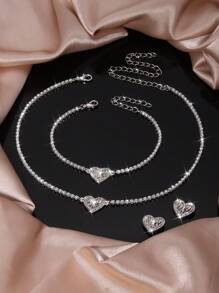 Fashion Full Rhinestone Jewelry Set Earrings, Necklace, Bracelet, Crumpled Heart Pendant, Party/Wedding Gift Accessories For Women