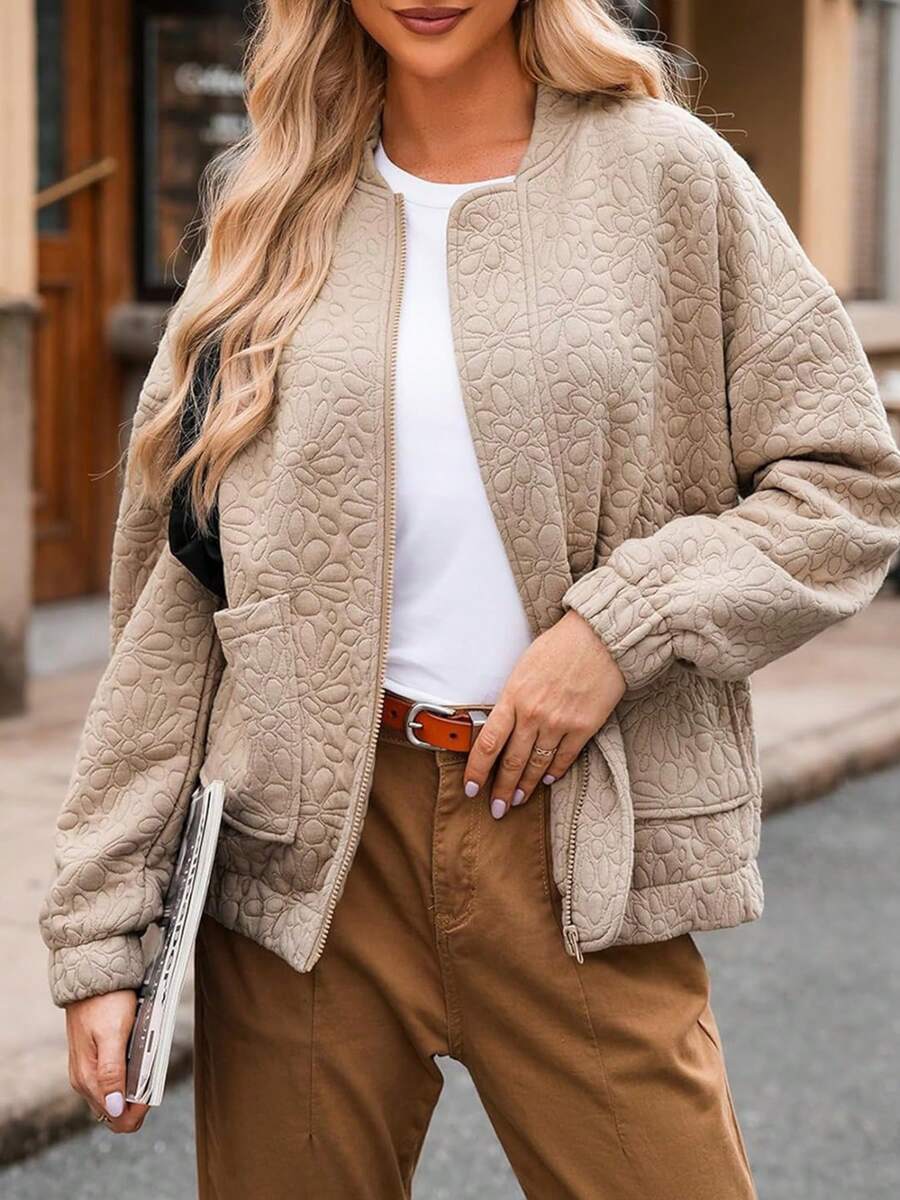 2025 Spring New Women's Lightweight Jacket, Solid Color 3D Printed Zipper Long Sleeve Coat - Beige - View 1