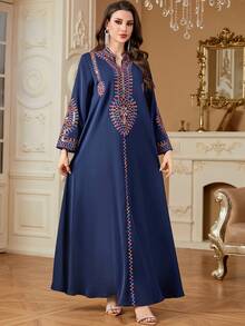 Women's Vintage Style Sequins Embroidery V-Neck Long Sleeve Arabian Dress, Spring/Summer, Modest Kaftan - Navy Blue - View 3