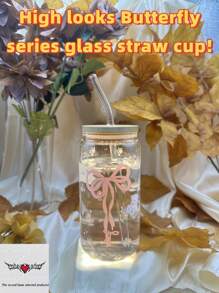 450ml/15.22oz 带盖和吸管的硼硅酸盐玻璃杯，罐形设计，适用于咖啡、茶、果汁、牛奶、生日礼物、饮具 - 彩色 - 查看 11