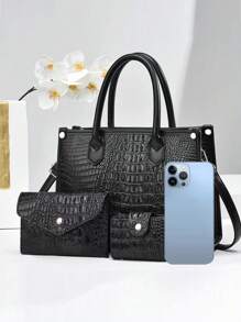 3-Piece Set: Crocodile Pattern Faux Leather Luxury Handbag, Elegant Large Capacity Fashion Handbag, Includes Shoulder Bag And Clutch. Suitable For Travel, Shopping, Commuting. New Stylish Women's Tote, Shoulder, Cross-Body Bag, Versatile & Spacious For Back To School Season