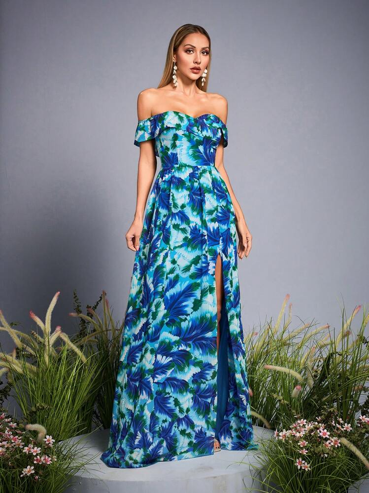 Mgiacy-Floral New Arrival Off Shoulder Romantic Bridesmaid Dress Printed  Ruffle Chiffon Long Dress | SHEIN USA