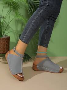 New Spring/Summer Fashion Women Platform Wedge Beach Sandals, Thick Sole With Stitching (Shoelaces Can Be Removed And Adjusted) - Grey - View 3
