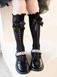 3 Pairs Girls Princess Lace Ruffle Knee High Socks With Bow, Children Mid-Calf Socks, Size 3-12Y