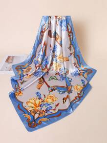 1 Pc Women 90cm Square Satin Scarf With Elegant Floral Print, Fashion Bandana Suitable For Casual And Street Styling As Scarf, Headband, Hair Accessory - Multicolor - View 3