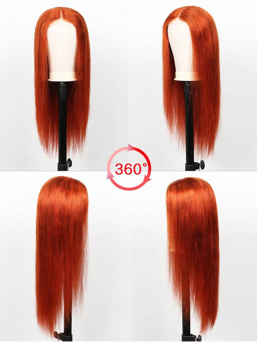 Tóc giả ren phía trước màu cam gừng làm từ tóc thật 4*4 Tóc giả đóng thẳng làm từ tóc thật cho phụ nữ 180 mật độ đã nhổ sẵn ren trong suốt không keo dán tóc giả màu 350