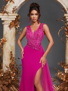 优雅奢华 V 领透明无袖蕾丝贴花亮片鱼尾下摆开衩薄纱长裙晚宴派对婚礼宾客伴娘舞会礼服，适用于婚礼、晚宴、鸡尾酒会、度假、舞会、节日、晚礼服、正式礼服 - 玫紅色 - 查看 4