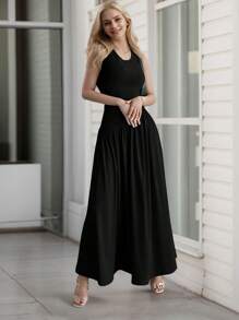 hoteel Chic Simple Design Sleeveless Tank A-Line Long Dress, Crew Neck Slim Top Wide Hem Waist Pleated, Woman Cothes - 黑色 - 查看 5