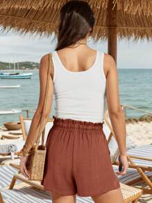 hoteel Pantalones cortos de lino para mujer, informales, de cintura alta, con pierna ancha y cordón - rojo anaranjado - Ver 2