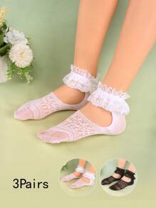 3 Pairs Women's Thin Lace Trim Breathable Elastic Ankle Leg Warmers, Low Vamp Boat Leg Warmers, Kawaii Cute