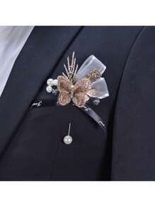 1 pieza Suministros de boda Flor de pecho Broche de mariposa para novia y novio, Regalo de Halloween, Regalo de Navidad, Broche de lazo de seda, Regalos, Decoraciones de cumpleaños, Decoraciones de fiesta, Despedida de soltera
