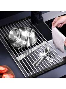 Stainless Steel Roll-Up Dish Drying Rack - Collapsible, Space-Saving, Over Sink, Rust-Resistant, Easy Clean, Kitchen Sink Organizer Rack, Dish Drainer Kitchen Items Kitchen Accessories Kitchen Tools