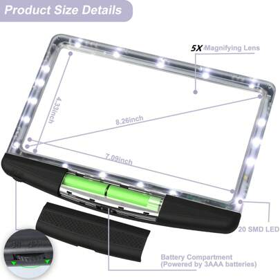 5X Super Bright LED Full-Page Magnifier For Enhanced Reading - Lightweight, Handheld Design Ideal For Seniors With Low Vision, Perfect Gift For Elderly, Battery-Powered (Batteries Not Included)