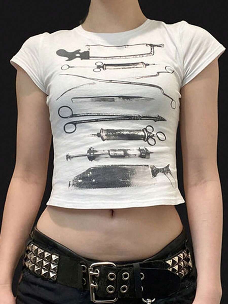 Women Y2K Baby Tees Tops Cute Personalized Print Short Sleeve Crewneck T Shirts Crop Tops Summer Slim Fit Shirt Going Out Tops Streetwear - 白色 - 查看 1