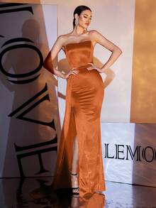 Orange Strapless High Slit Maxi Satin Evening Gown, Party Dress, Wedding Guest Dress, Formal Dress, Evening Dress - Orange - View 4