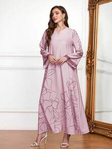 V 领连衣裙，全印花，厚实柔软的四向弹力面料，优雅奢华的阿拉伯风格长袍连衣裙，端庄 - 藕粉色 - 查看 2