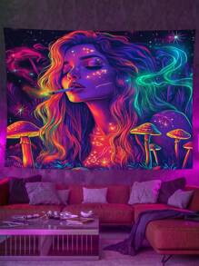 Blacklight Tapestry UV Reactive Mushroom Charming Woman Tapestry Vibe Tapestry Aesthetic Wall Tapestry Wall Hanging For Bedroom