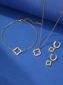 Winglove 1pc Pure Silver Pentagonal Flower Necklace, 1 Pair Of Pure Silver Earrings And 1pc Pure Silver Ring Jewelry Set, Featuring An Anti-Allergenic Design With Passionate With A Simple Yet Elegant Square-Shaped Cubic Zirconia, Highlighting Your Refined, Romantic And Versatile Elegant. - Yellow Gold - View 3