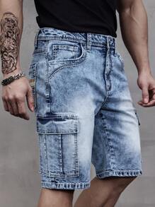 ESDVQ Men's Multi-Pocket Denim Shorts, Elastic Embroidered Cargo Bermuda Shorts Jorts