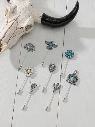 1 件复古西部牛仔靴蓝绿松石装饰 Concho 星仙人掌 Br+9ooch 帽针连衣裙配饰别针用于衣服包包饰物