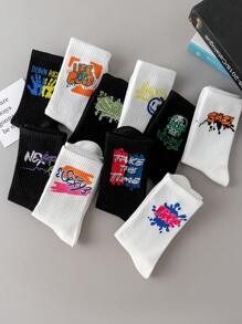10 双涂鸦印花休闲中筒袜，黑白街头风格，混合搭配，透气中筒袜，时尚情侣袜，春夏秋季