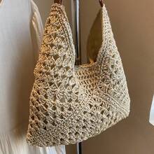 新款别致甜美编织纹理草编包，时尚 Ins 风格女士单肩包，纸绳包，波西米亚风，沙滩包，女士草编沙滩包，夏季编织沙滩手提包，单肩手提包 - 彩色 - 查看 11