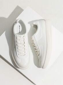 Men's Classic Textured Lace-Up Fashion Sneakers With Cushioned Support  Business Casual White Shoes - 白色 - 查看 5