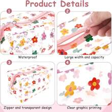 3 piezas Bolsa de maquillaje floral linda e impermeable, estuche de tocador floral refrescante de verano para organización de cosméticos, almacenamiento de útiles escolares, accesorios de baño, bolsa con cremallera con estampado de margaritas, organizador de baño de viaje portátil para mujeres