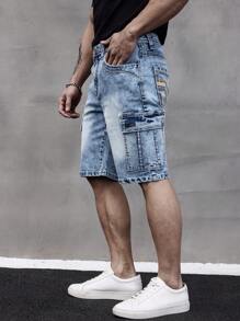 ESDVQ Men's Multi-Pocket Denim Shorts, Elastic Embroidered Cargo Bermuda Shorts Jorts