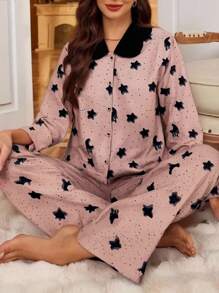 Set de 2 piezas de pijama de mujer para primavera y otoño con manga larga y pantalón largo, cardigan con escote en V, estampado floral teñido anudado, en colores contrastantes, cómodo y de moda