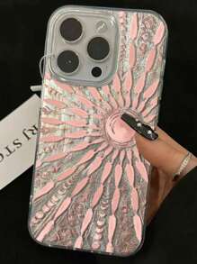 1 件亚克力羽毛图案 + 粉色放射状太阳图腾设计手机壳，硬壳大孔适用于苹果手机防水防震防摔防刮