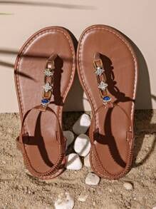 Teen Girls Fashionable Flat Thong Sandals, Rhinestone & Breathable, Suitable For Vacation, Beach, Comfortable - Brown - View 2