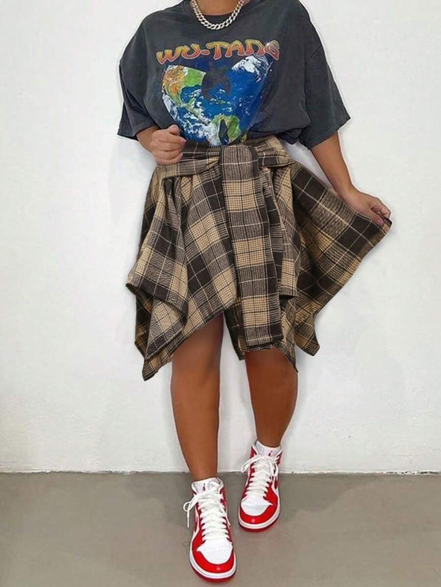 Plus Size Hip Hop Plaid Skirt 2025 - Women's Streetwear Tartan Skirt With Detachable Sleeves, Multi-Color Rap Style Skirt, High Waist A-Line Skirt With Belt (0X-5X) - Màu Khaki - Xem 1