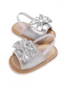 0-1 岁可爱女婴软橡胶底防滑幼儿凉鞋透气夏季沙滩鞋 - 銀色 - 查看 4