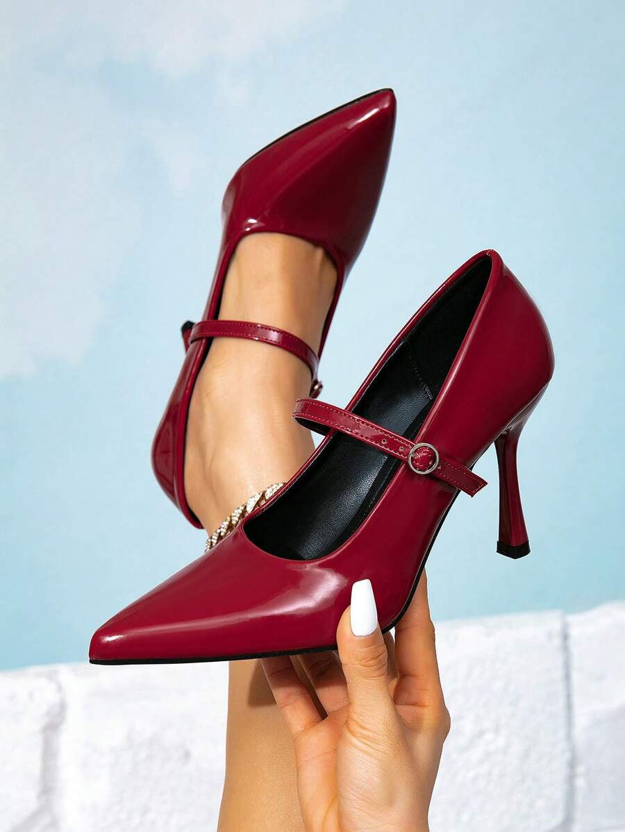 Women's Fashion Simple Versatile 2025 New Red Pointed Toe Strap Decor High Heel Shoes, Sexy Red Thin Heel Pumps