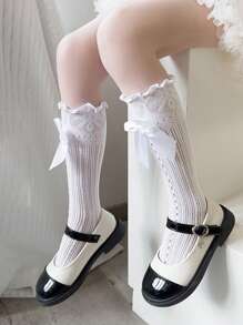 3 Pairs Girls Princess Lace Ruffle Knee High Socks With Bow, Children Mid-Calf Socks, Size 3-12Y