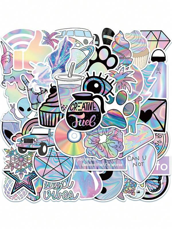 1 Pacote com 50 unidades de Adesivos Holográficos Coloridos Aleatórios, no Estilo Ins, Brilhantes, À Prova d'Água para Scrapbooking DIY, Adesivo da Moda, Material Escolar, Volta às Aulas