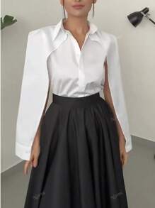 Women's Solid Color Split Hem Single-Breasted Long Sleeve Casual Shirt