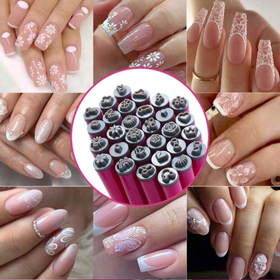 10pcs/6pcs Nail Stamping Plates Brush, Non-Repeating Patterns, Easy Operation, Fast Stamping Flower Designs For Home & Business Use - Hot Pink - View 1