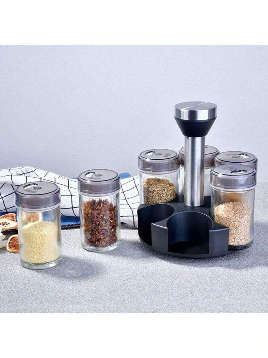 Especiero 6 Frascos Vidrio Giratorio Organizador Condimentos - Gris - Ver 1
