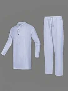 2 Pcs/Set White Dashiki Outfits For Men, Unique Button Design, Stylish Shirt With Long Sleeves And Drawstring Trousers, African Menswear For Dates, Street, Party, Weddings, Cultural Occasions, Traditional Ceremonies - 白色 - 查看 3