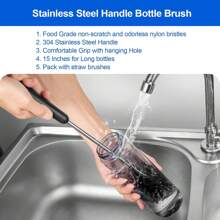 Cepillo para botellas, mango largo de acero inoxidable, limpieza de botellas de agua, limpiador de botellas deportivas, cepillo de fregar doméstico apto para botellas de cerveza, tazas, tazones de café, vasos, y tumblers