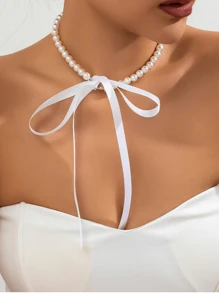 1pc New Arrival European & American Faux Pearl Ribbon Choker Necklace, French Retro Bowknot Tie Necklace For Women