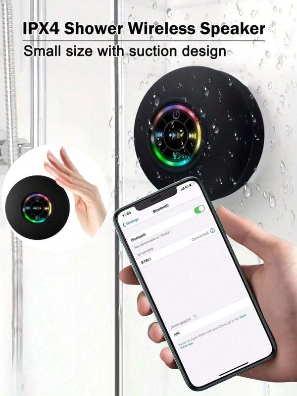 1 pezzo Altoparlante senza fili impermeabile per bagno, guscio impermeabile, luci RGB a atmosfera arcobaleno, alta qualità audio HD, microfono, può rispondere a chiamate, lunga durata batteria, risposta al ritmo, grande ventosa da parete, supporto telefono dual function, compatto e portatile, texture delicata sulla pelle