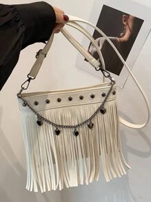 New Rivet Retro Women Crossbody Bag, Versatile Tassel Shoulder Bag With Heart Shaped Chain, Suitable For Outing, Date, Commuting - White - View 2