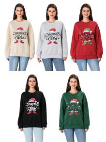 Women's Christmas Sweatshirt Long Sleeve Crewneck Letter Santa Hat Print Pullover - Beige - View 1