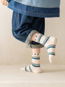 10pcs/5pcs Children Socks, Simple Design, Letter, Printed, Stripe, Sports Socks, Boys, Girls, Moisture Wicking Mid-Calf Socks, Suitable For Spring, Summer, Autumn, Sports, Gifts For Girls, Gifts For Boys, Gifts For Mom, Gifts For Dad, Girls Summer Clothes, Boys Summer Clothes, Holiday Gifts - Multicolor - View 5