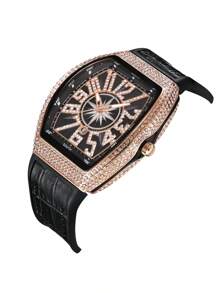 Hochwertige Diamanten Herrenuhr, im Retro-Stil mit großem Zifferblatt, Kalender, tonnnenförmigem Gehäuse und Lederarmband, Business Armbanduhr