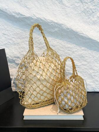 1pc Fashionable Gold & Silver Hollow Out Woven Handbag, New Design Hand Carry Shoulder Bag, Versatile Tote For Beach Holiday