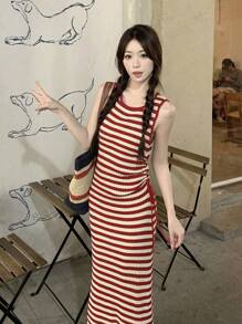 Ins Style Women Drawstring Crew Neck Sleeveless Long Casual Sweater Dress